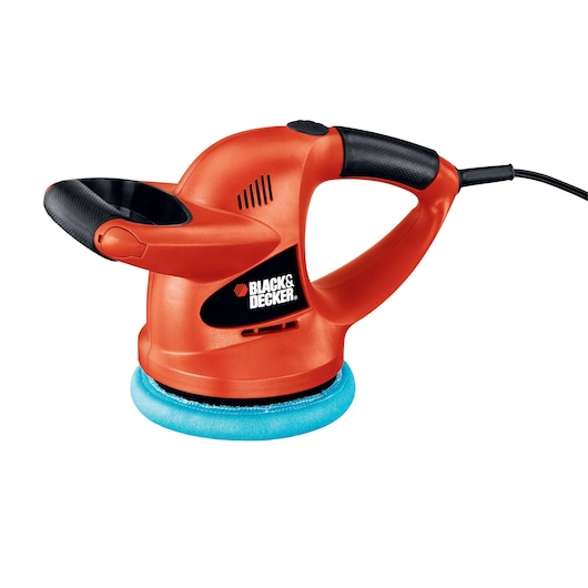 Photo of BLACK+DECKER WP900 orange corded random orbit polisher, black handle, blue foam pad, front angle.