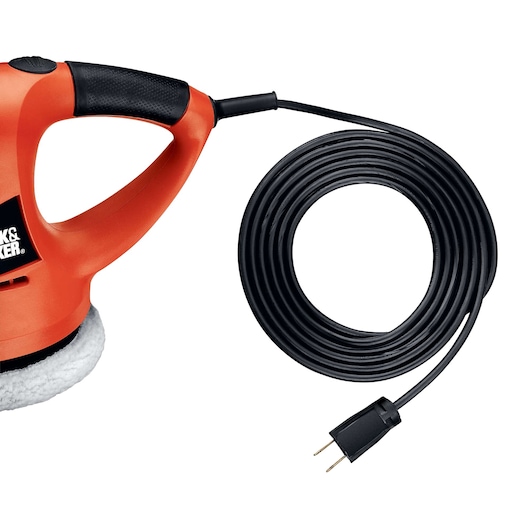 BLACKDECKER WP900 orange polisher with ergonomic handle and long black power cord, side angle on white background.